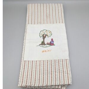 Le Centre Haiti Handmade Embroidered Tea Towel Striped Seersucker Folk Art‎
